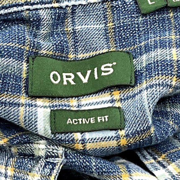 Orvis Shirt Men Large Blue Plaid Button Up 100% Cotton Long Sleeve Active Fit - Picture 3 of 15